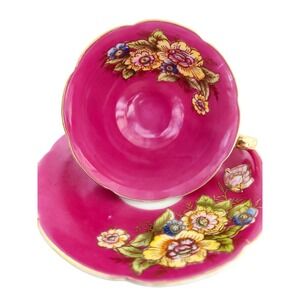 Vtg Occ. Japan Jyoto Teacup Saucer Handpainted Fuscia Yellow Gold‎ Rose Floral